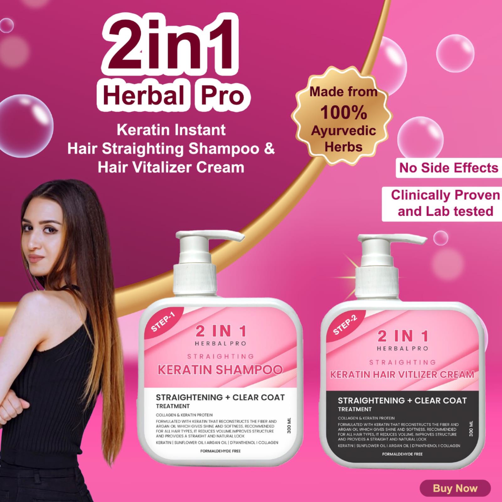 2 in 1 Herbal Pro Hair Straightening Shampoo & Keratin Hair Vitalizer Cream Combo